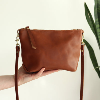 Small Leather Convertible Crossbody Clutch Bag - Cognac