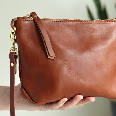 Small Leather Convertible Crossbody Clutch Bag - Cognac