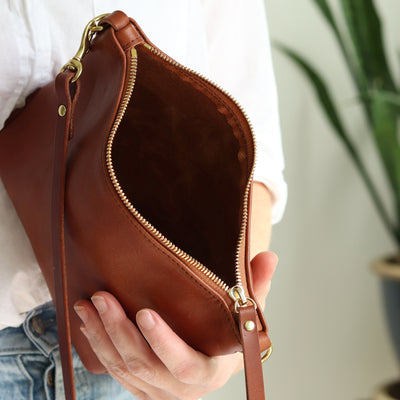 Small Leather Convertible Crossbody Clutch Bag - Cognac