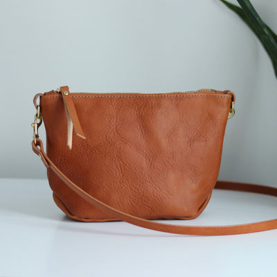 Seconds Sale - Small Leather Convertible Crossbody Clutch Bag - Saddle Brown