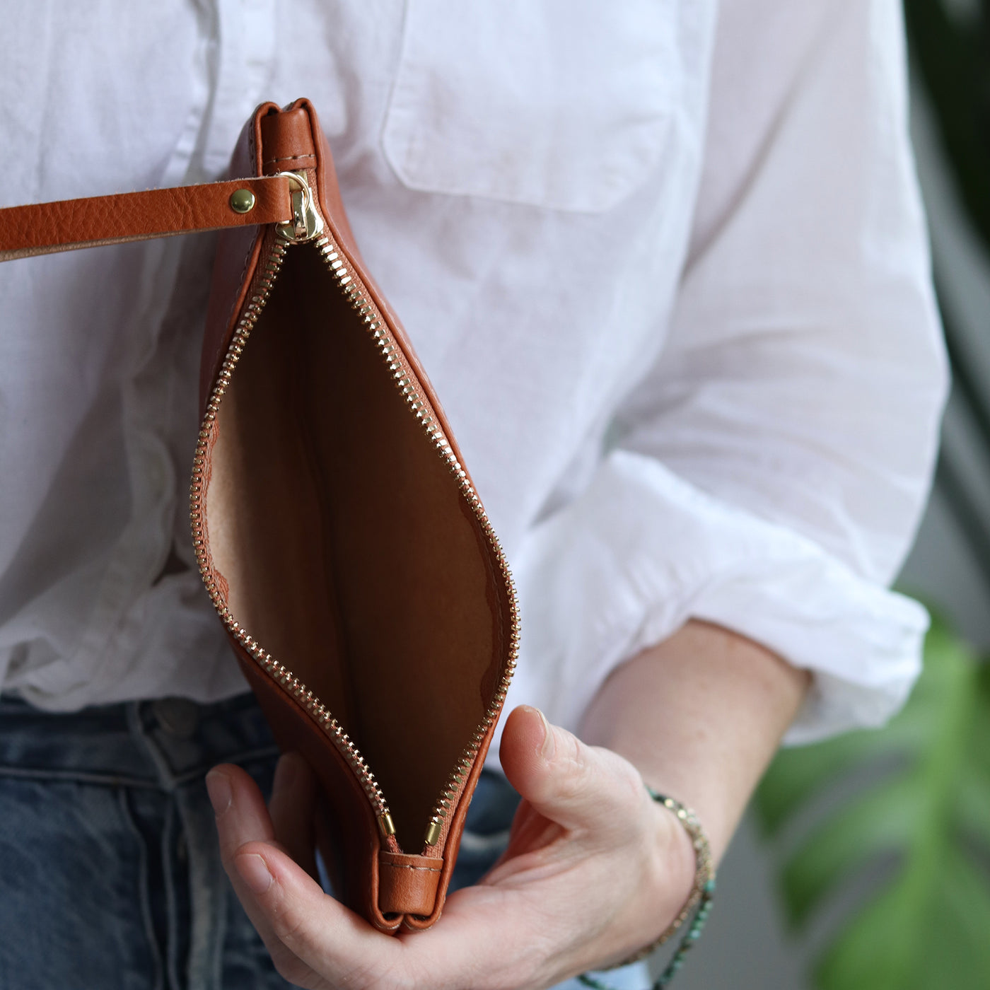 Leather Zip Clutch - Saddle Brown