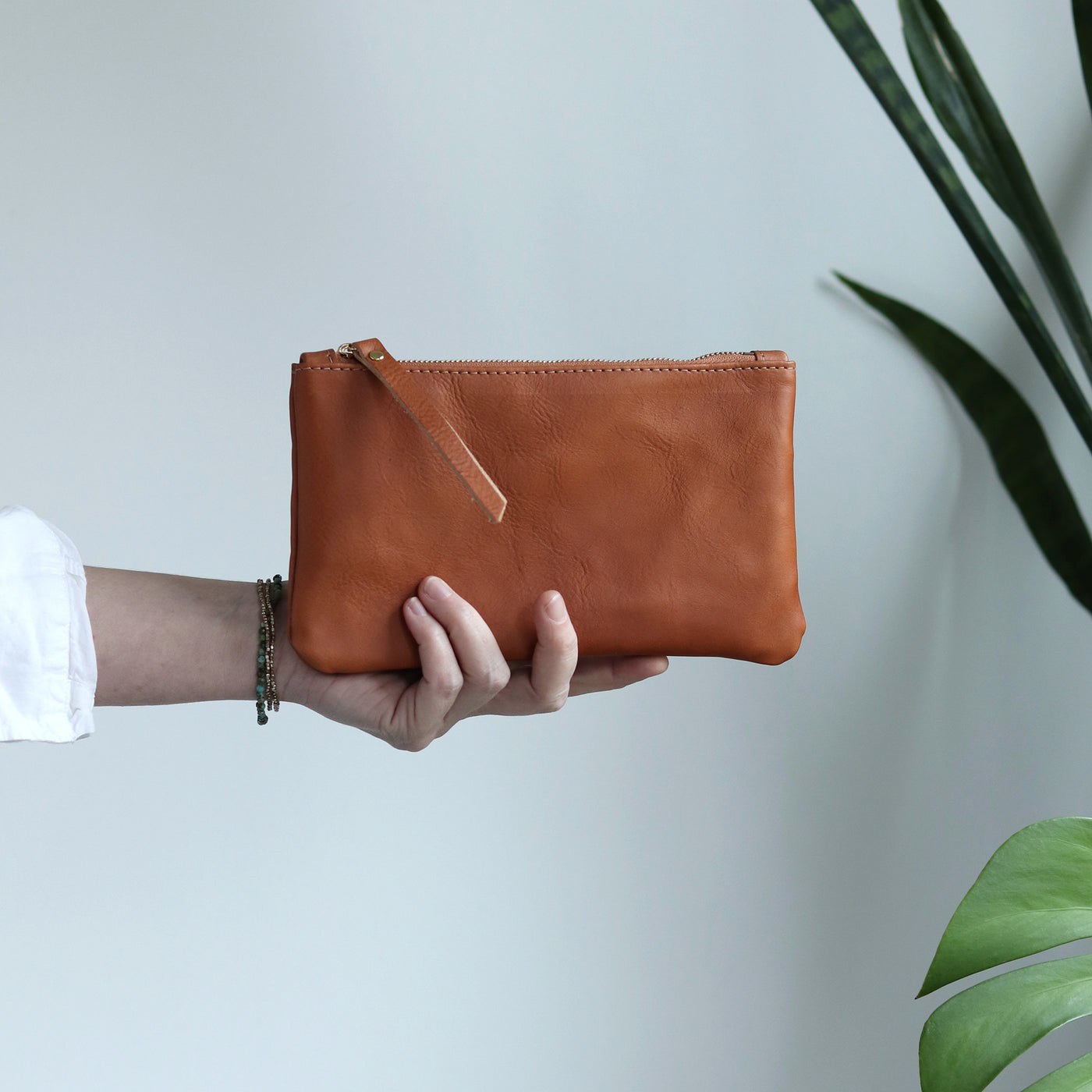 Leather Zip Clutch - Saddle Brown