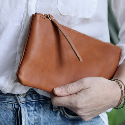 Leather Zip Clutch - Saddle Brown