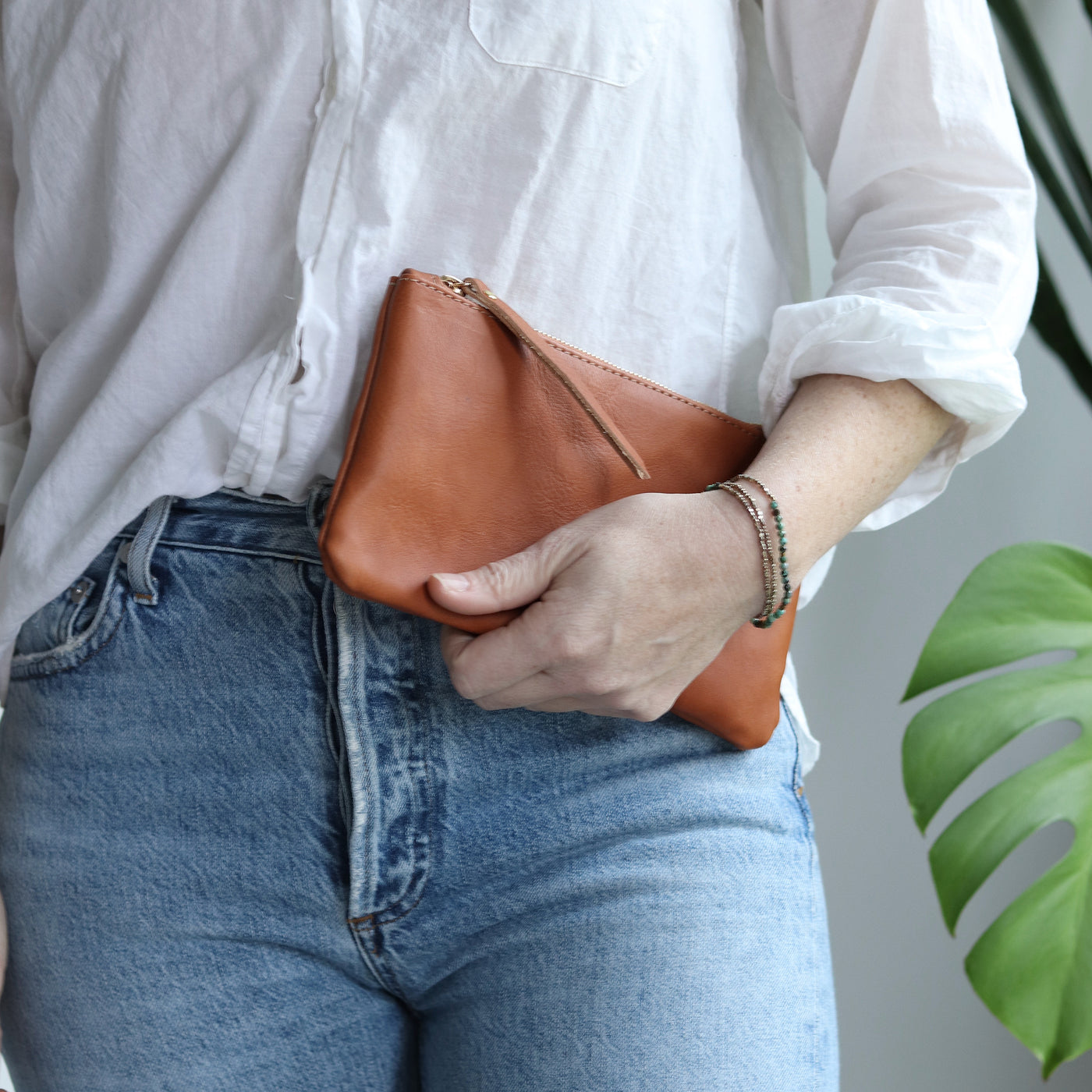 Leather Zip Clutch - Saddle Brown