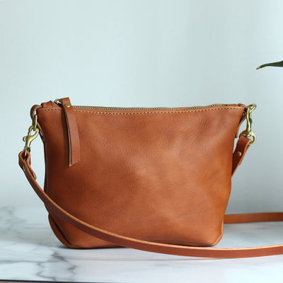 Small Leather Convertible Crossbody Clutch Bag - Saddle Brown
