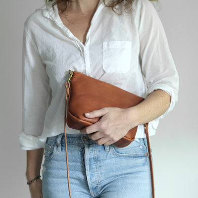 Small Leather Convertible Crossbody Clutch Bag - Saddle Brown