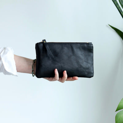 Leather Zip Clutch - Smooth Black