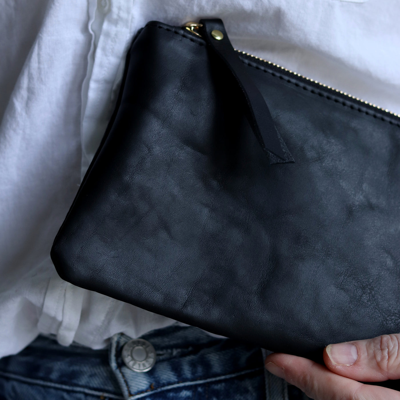 Leather Zip Clutch - Smooth Black
