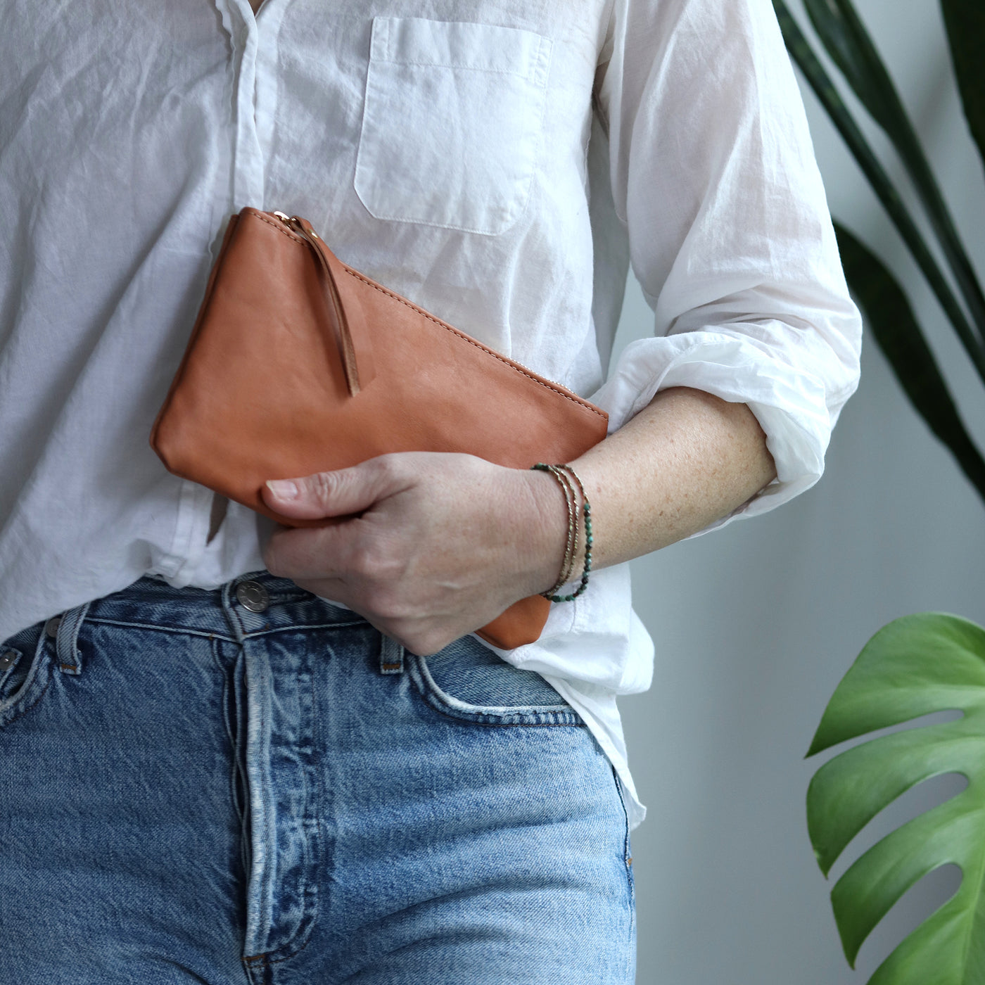 Leather Zip Clutch - Tan