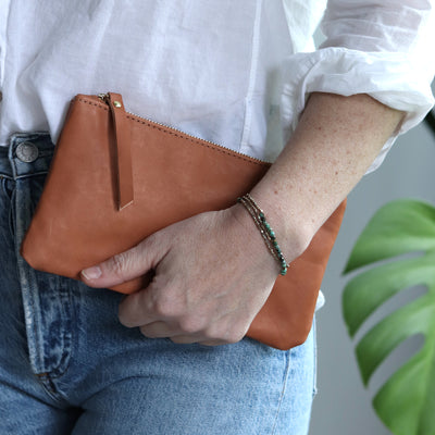 Leather Zip Clutch - Tan