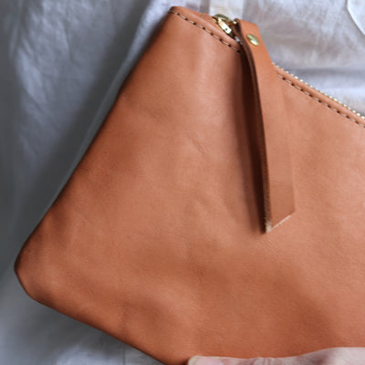 Leather Zip Clutch - Tan