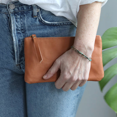 Leather Zip Clutch - Tan