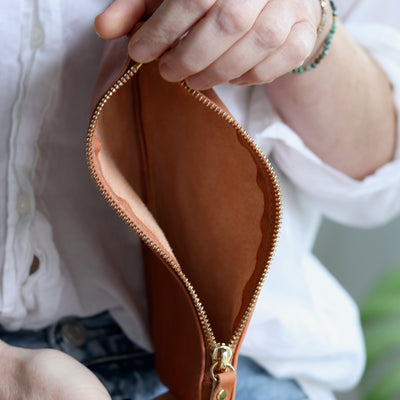 Leather Zip Clutch - Tan